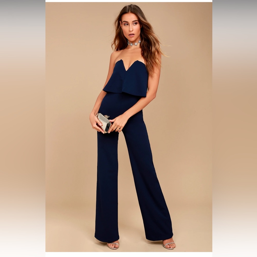 Lulus Navy Strapless Jumpsuit Sz -XS